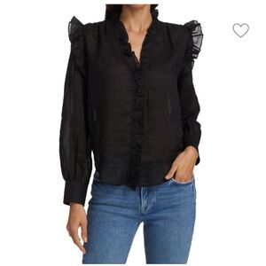 Frame Lauren Black Noir Long-Sleeve Ruffle-Trim Blouse Size Medium